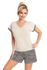 pyjama femme été court top col V crème imprimé léopard short assorti viscose élasthanne extensible tailleélastique confortable élégante liseré