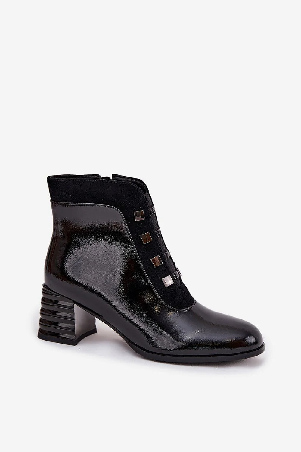 bottines femme cheville cuir verni noir empiècement suédé contrastant talon pilier sculpté bout pointu fermeture éclair clous métalliques