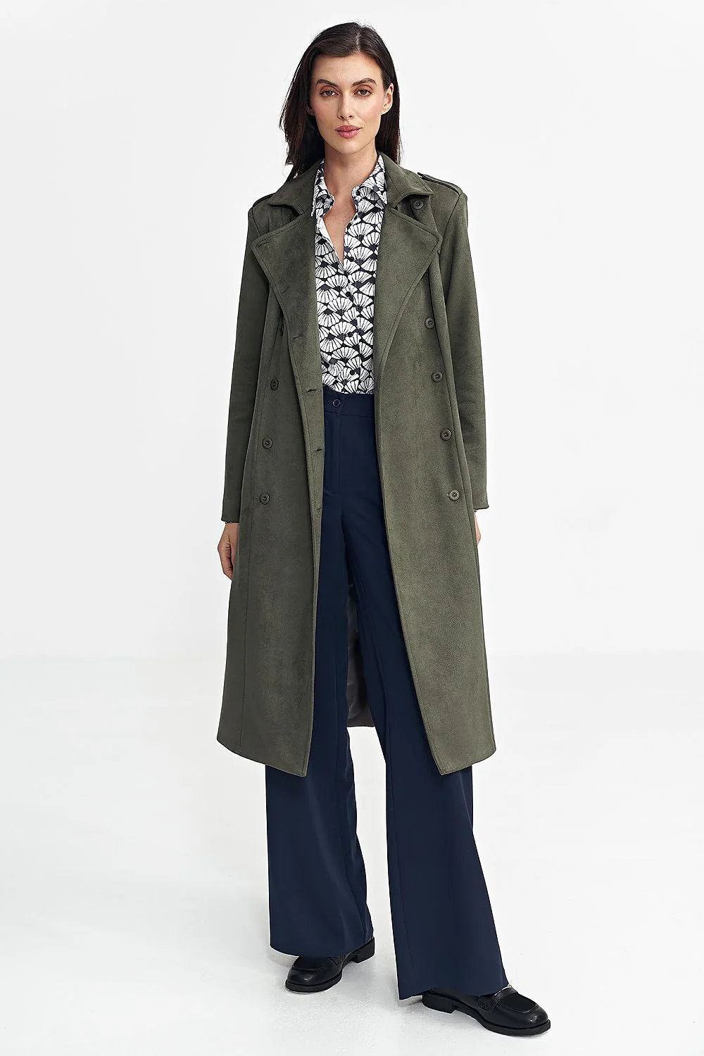 Manteau classique pour femme en vert olive coupe ajustée ceinture incluse boutons ton sur ton laine doublure confortable occasionnels formelles et décontractées