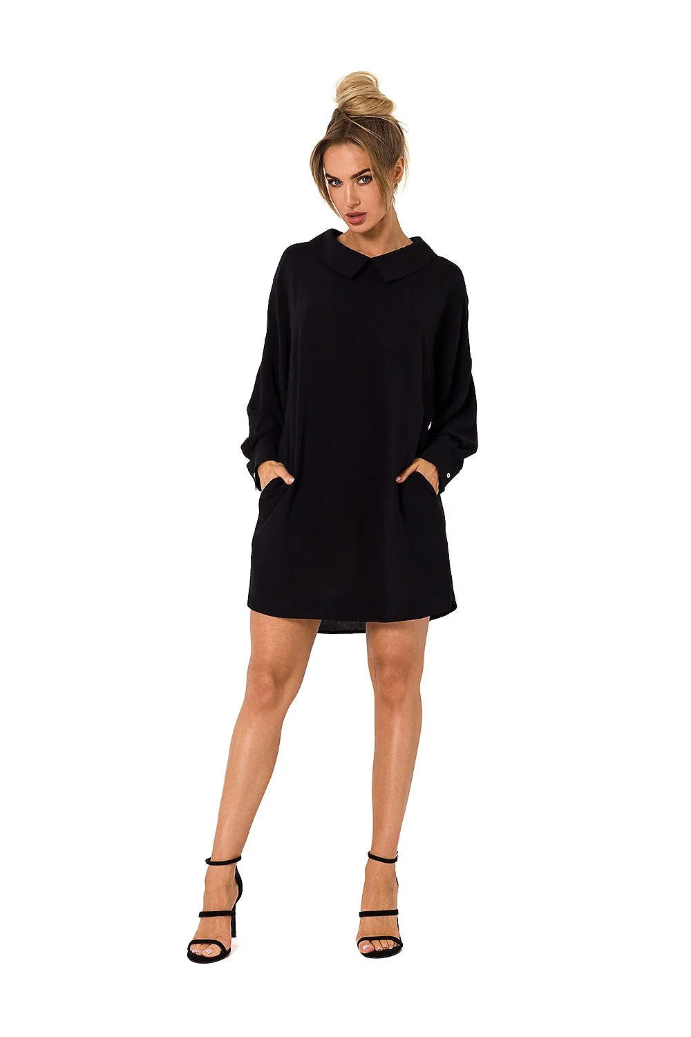 Robe de jour Moe courte femme tissu fluide couleur brun terreux manches longues poignets boutonnés col à revers