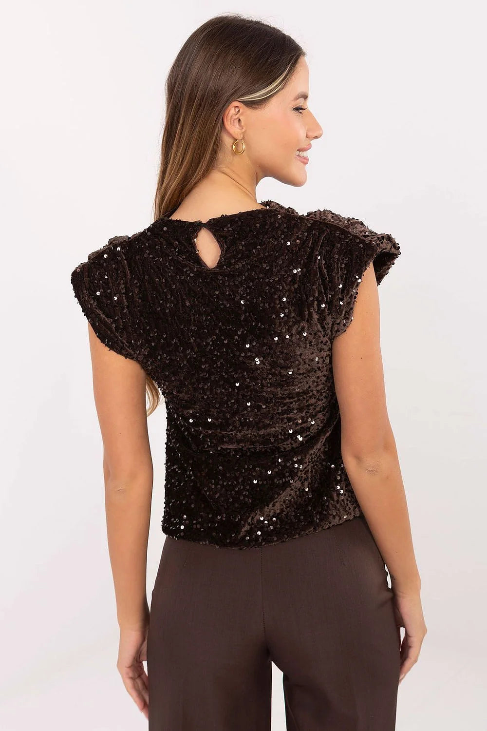 chemisier soirée paillettes scintillant velours chocolat doublé viscose polyester sans manches col rond épaules structurées épaulettes ajusté