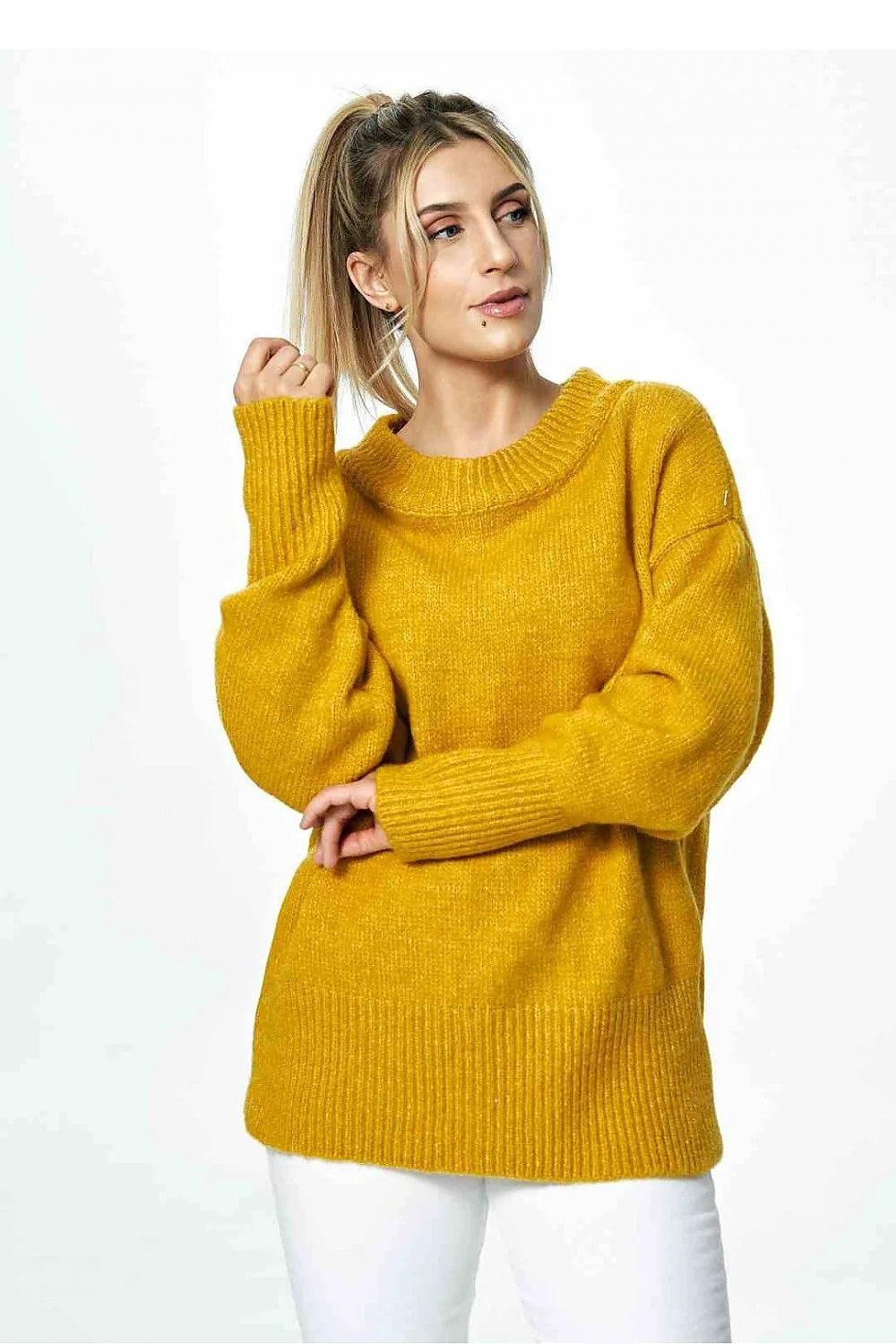 Pull ample pour femme en laine acrylique et polyester, rose pastel, manches longues côtelées, col rond, style classique, doux et confortable