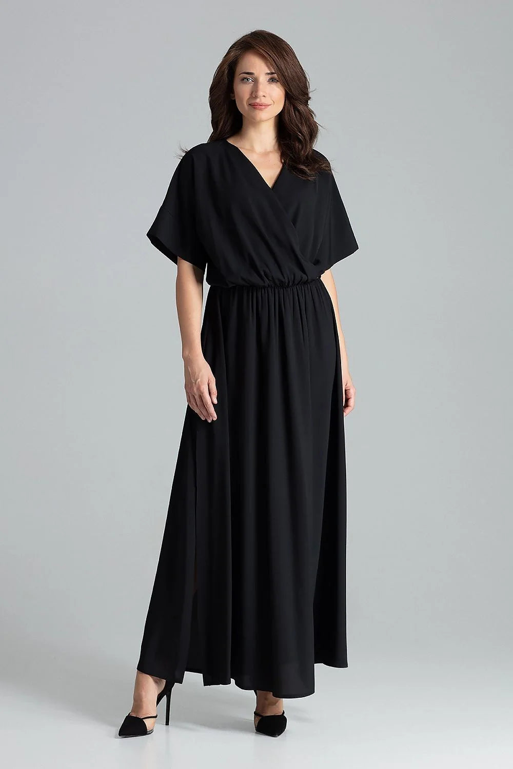 robe longue fluide beige nude chiffon cachecoeur boheme chic manches kimono courtes taille froncee elastiquee jupe evasee fente laterale plongeant