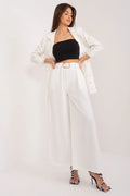pantalon palazzo femme blanc taille haute élastique ceinture blanche boucle dorée polyester lisse fluide coupe extra large maxi élégant confortable