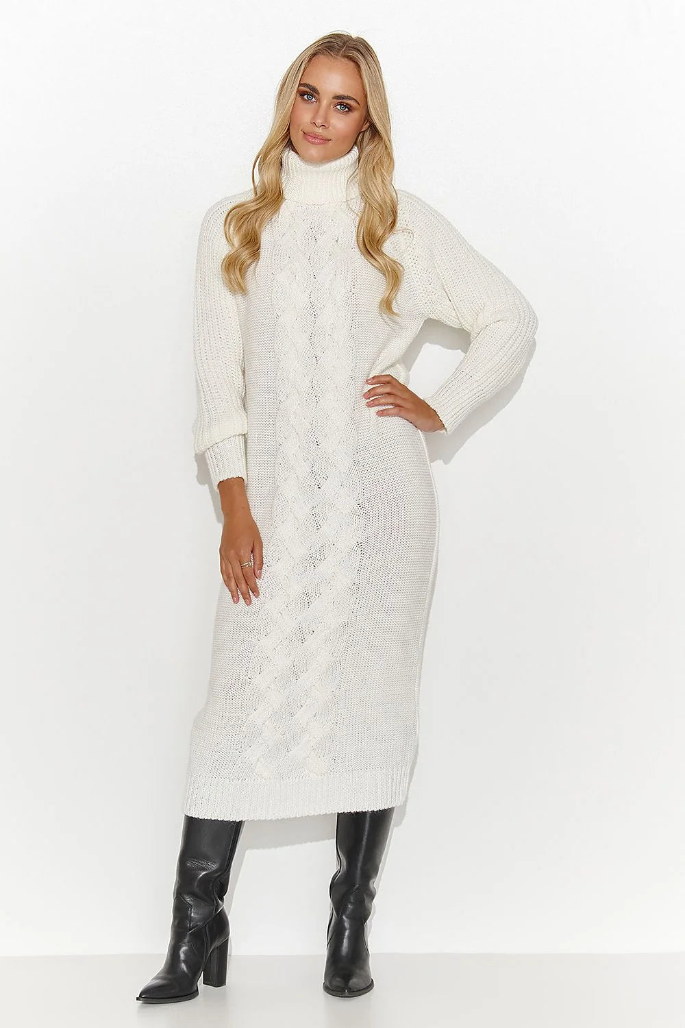 Robe pull-over longue maille col roulé ceinture couleur uni femme mode