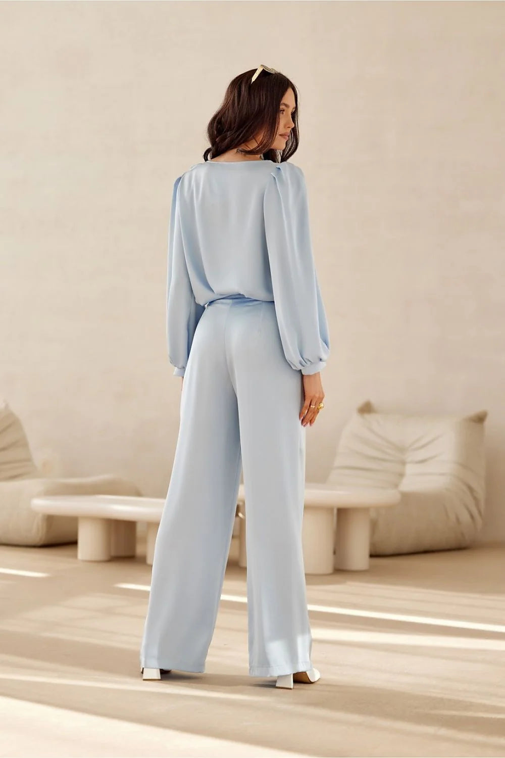 Ensemble élégant femme haut manches longues fleur tissu pantalon taille haute jambes larges style moderne occasion spéciale