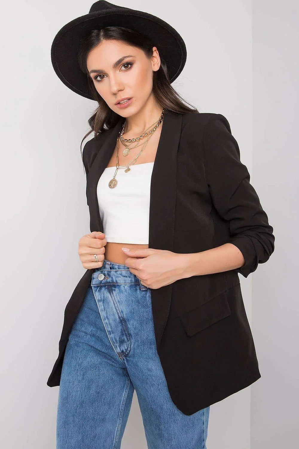 Blazer femme crêpe fluide élégant marron cognac ajusté manches retroussées col châle poches rabat