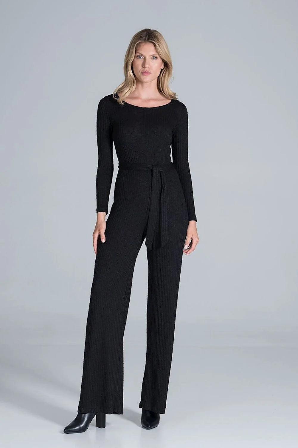 Combinaison élégante maille côtelée bordeaux moderne ajustable manches longues jambes larges ceinture assortie femme