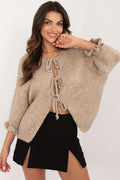 Cardigan Femme Élégant en Maille Laine Mélange Fibres Naturelles et Synthétiques Coupe Amples Manches Longues Lacets Avant