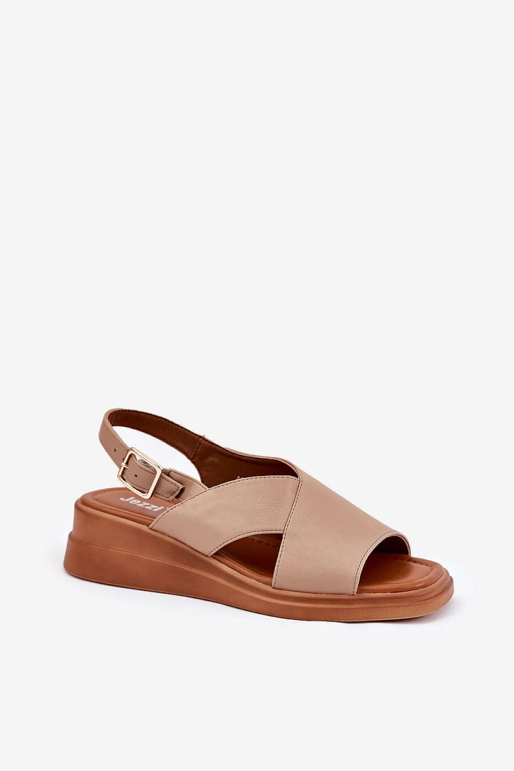 Sandales femmes design élégant compensé cuir artificiel beige brides croisées boucle métal cheville style moderne été