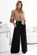 Costume élégant femme chemise col montant pantalon palazzo Numoco noir beige marron occasion formelle