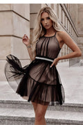 Robe de soirée élégante en tulle sans manches effet plissé ceinture décorative noir transparent femme