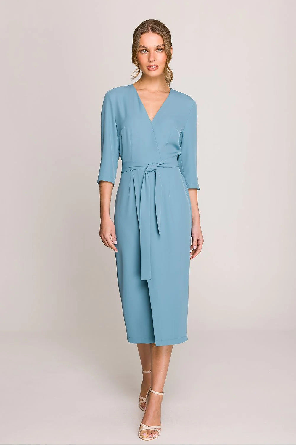 Robe midi femme élégante style portefeuille décolleté V manches 3/4 ceinture ajustable bleu pâle