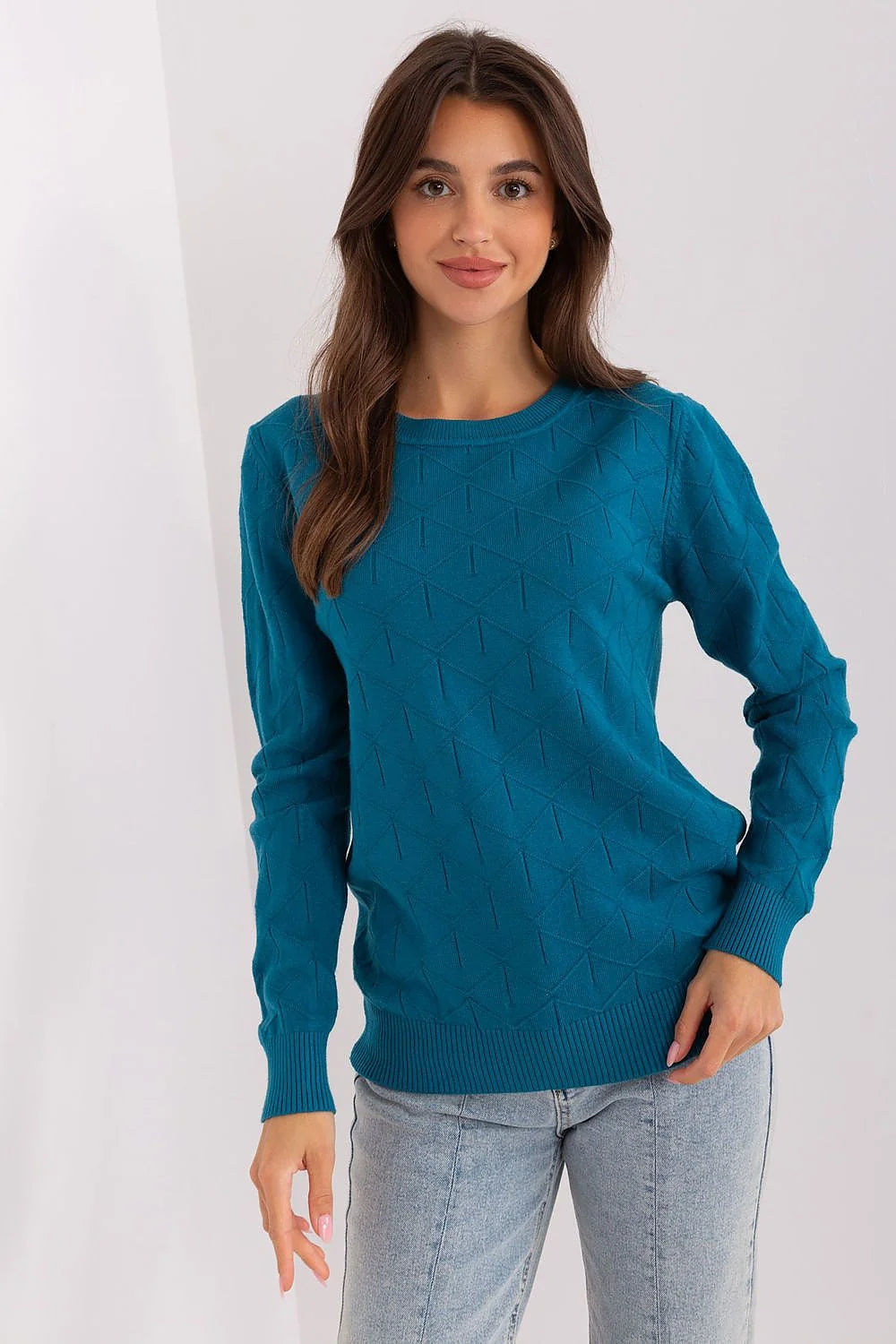 Pullover femmes bleu canard motif géométrique subtil manches longues col rond ajusté polyvalent automne hiver