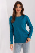 Pullover femmes bleu canard motif géométrique subtil manches longues col rond ajusté polyvalent automne hiver
