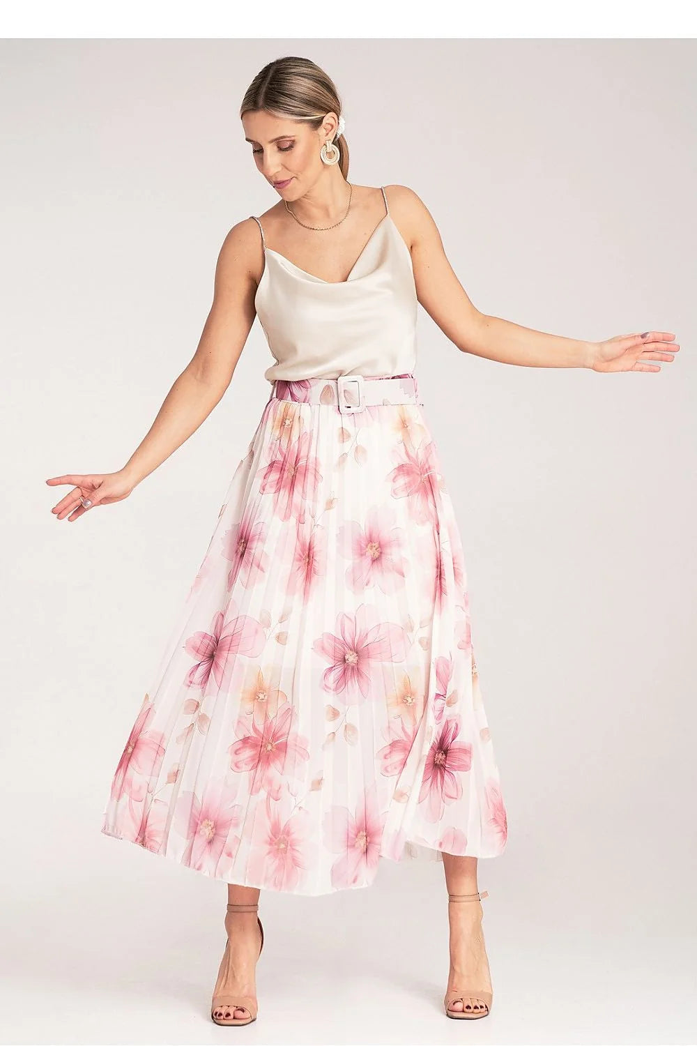 Jupe Figl midi plissée motif floral tissu léger taille haute ceinture ajustable tissu viscose élasthanne polyester femme élégance moderne romantique