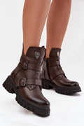 bottines cuir grainé marron foncé cheville feutre chaud confortable fermeture éclair latérale sangles boucles réglables semelle crantée antidérapante écusson métallique