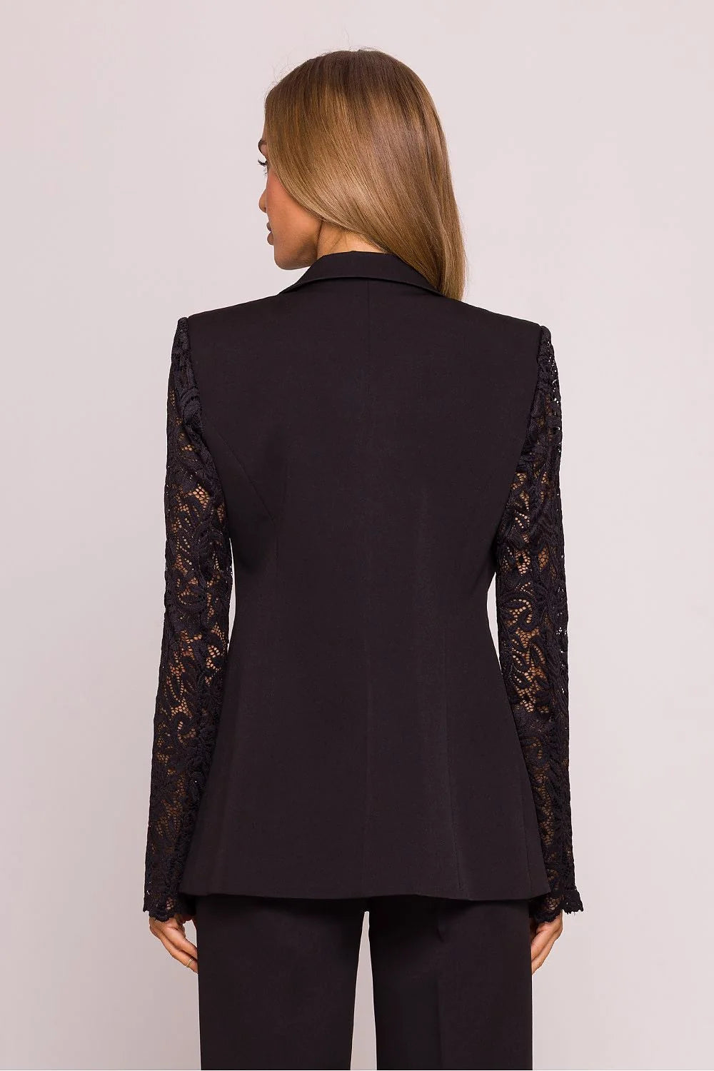 Veste élégante pour femme noire dentelle manches longues coupe ajustée style moderne col classique boutons en tissu finitions soignées