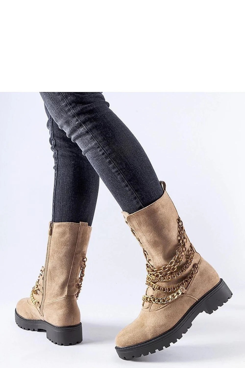 Bottes femmes design chic contemporain cuir synthétique chaînes dorées beige élégant haute qualité confort et sécurité