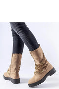 Bottes femmes design chic contemporain cuir synthétique chaînes dorées beige élégant haute qualité confort et sécurité