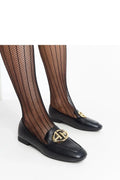 mocassins femme cuirécologique noir ornement doré circulaire classique élégantes intemporels confortables semelle surélevée talon 2cm fermetureeclair