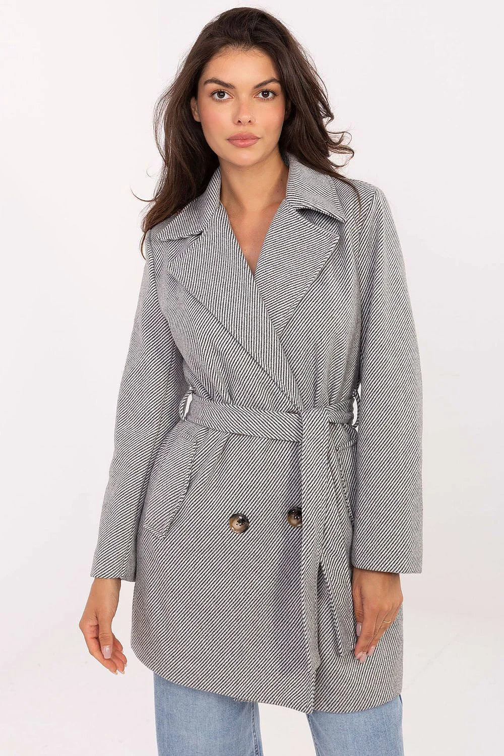 manteau femme caban court ceinturé laineux chevrons gris anthracite coupe mi hanches cintrée grand col revers double boutonnage
