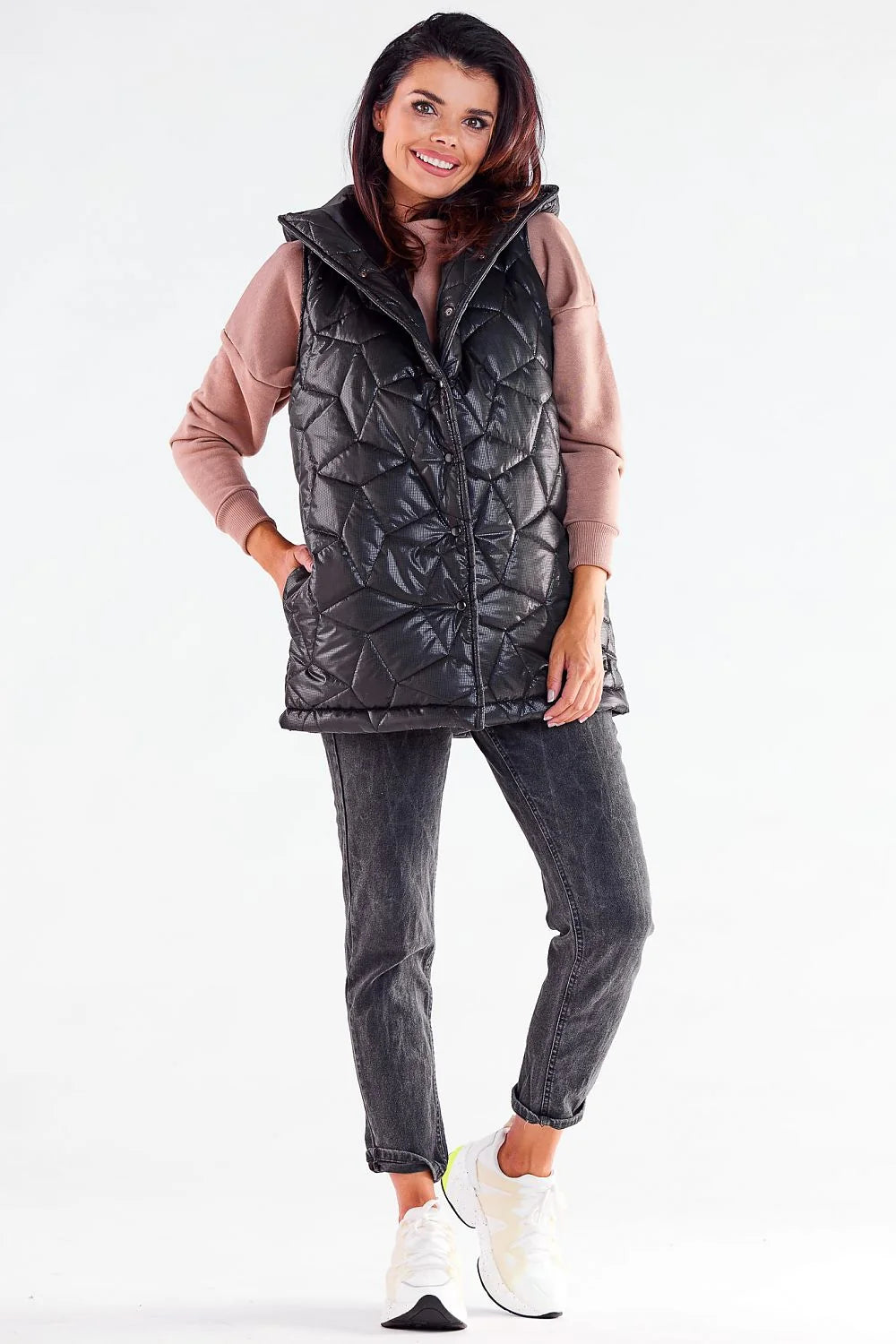gilet matelassé femme longue capuche satiné polyester isolant léger motif losanges géométrique pressions col relevé bleu marine noir