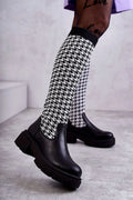 Bottes cuissardes audacieuses tricot motif pied-de-poule noir blanc tige haute simili-cuir plateforme talon chunky femmes mode urbaine