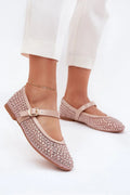 ballerines femme rose poudré strass brillante empeigne tressée bout rond talon plat mary jane bride réglable boucle dorée