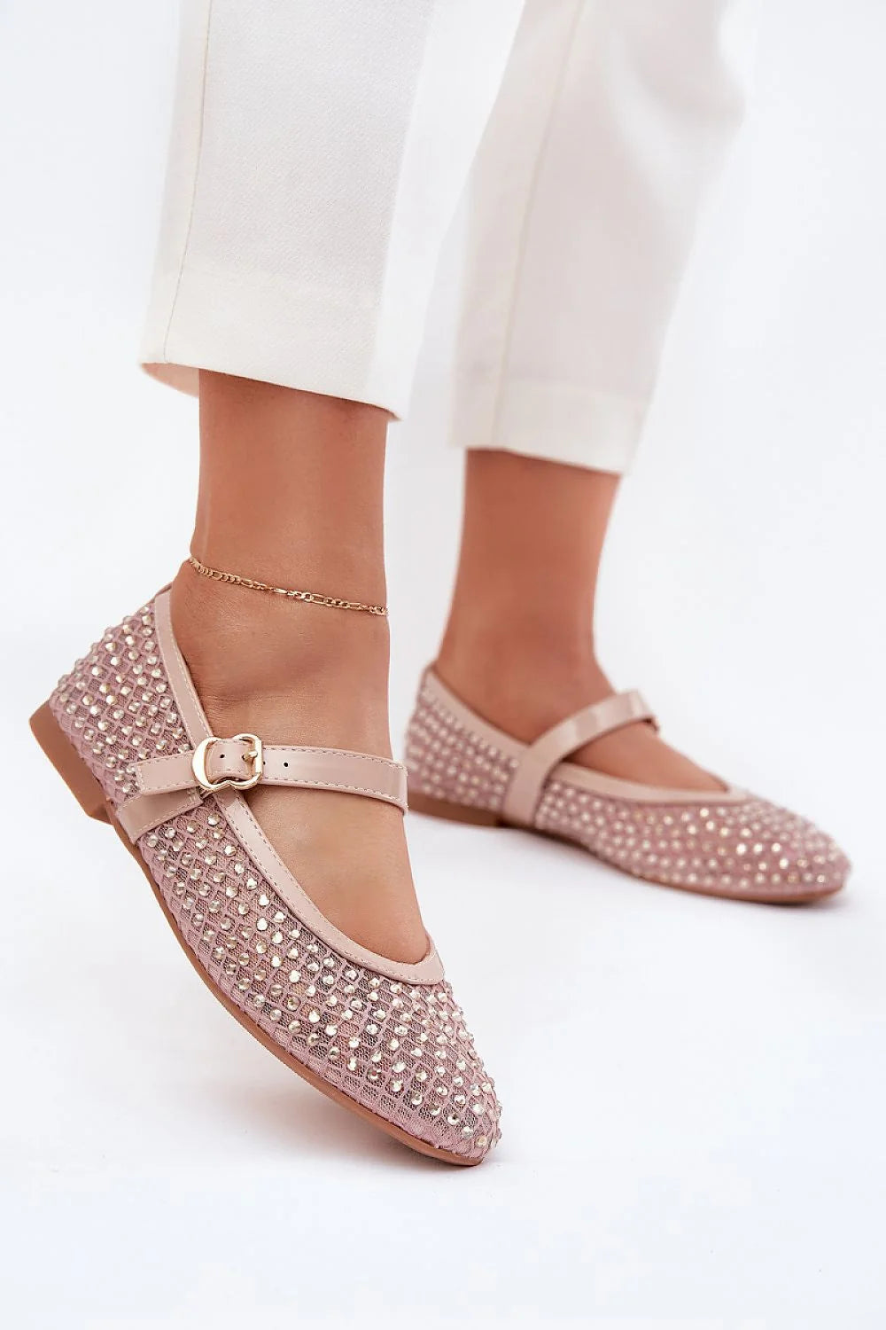 ballerines femme rose poudré strass brillante empeigne tressée bout rond talon plat mary jane bride réglable boucle dorée