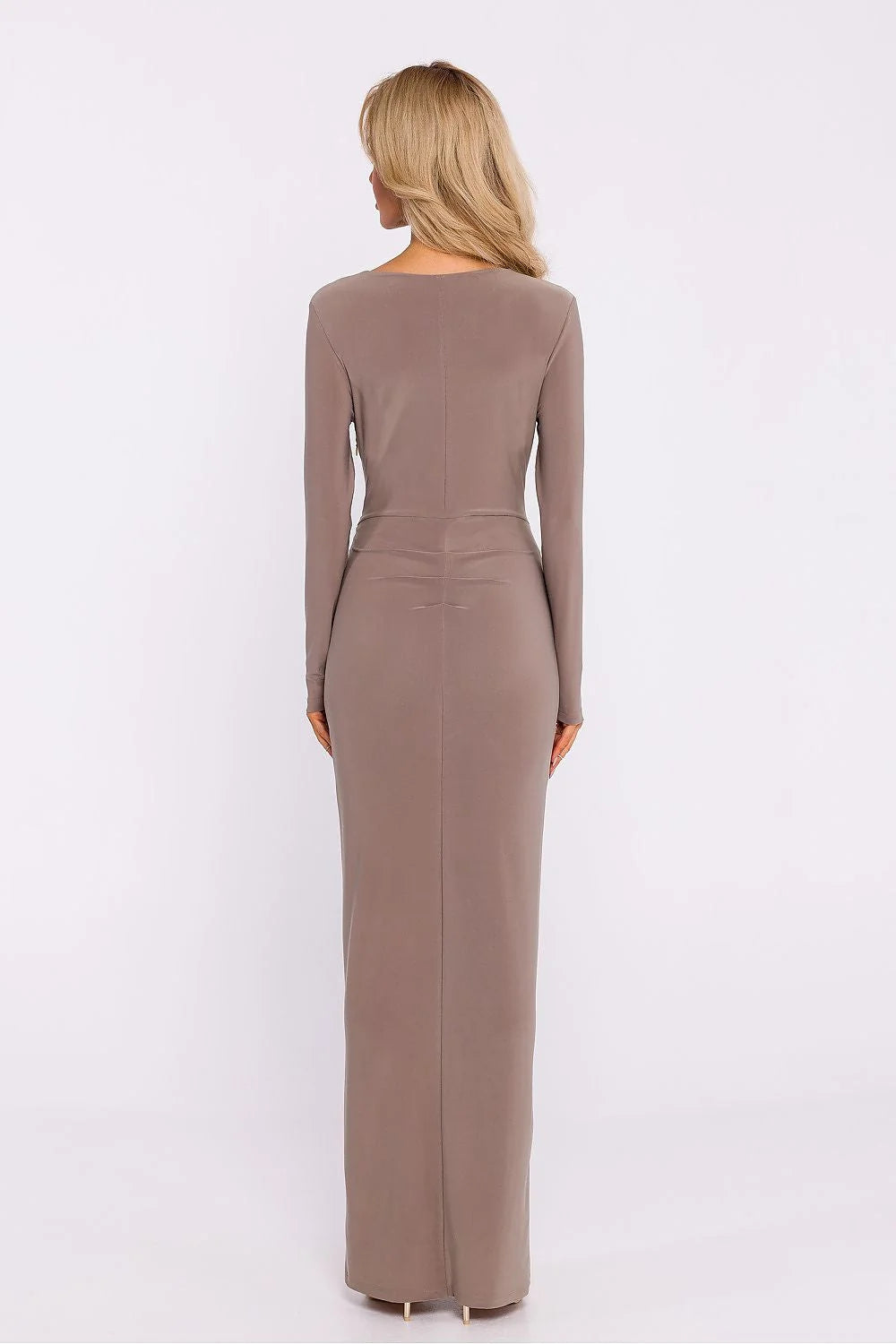 Robe de soirée élégante longue manches longues décolleté en V noeud décoratif fente haute femme
