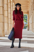 jupe Carmen bordeaux midi tricot maille douce chaleureuse élégante droite taille ajustable élastique confortable structurée artisanale