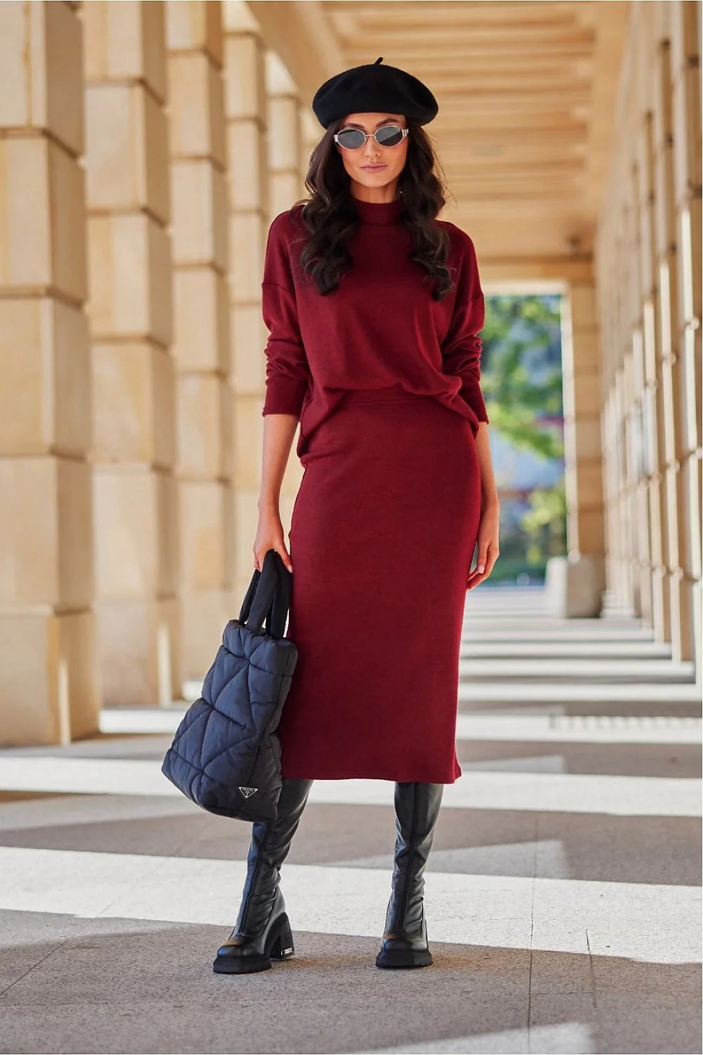jupe Carmen bordeaux midi tricot maille douce chaleureuse élégante droite taille ajustable élastique confortable structurée artisanale