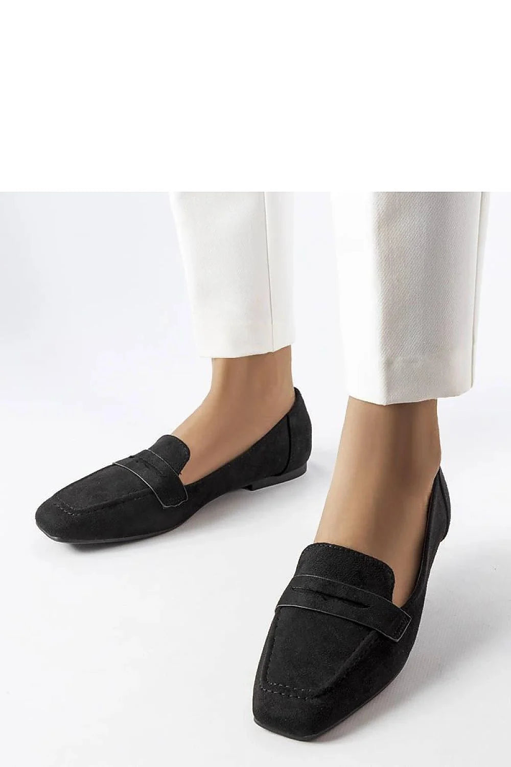 mocassins femme Solea simili cuir noir suédine bout carré empeigne bride décorative penny semelle plate talon bas confort