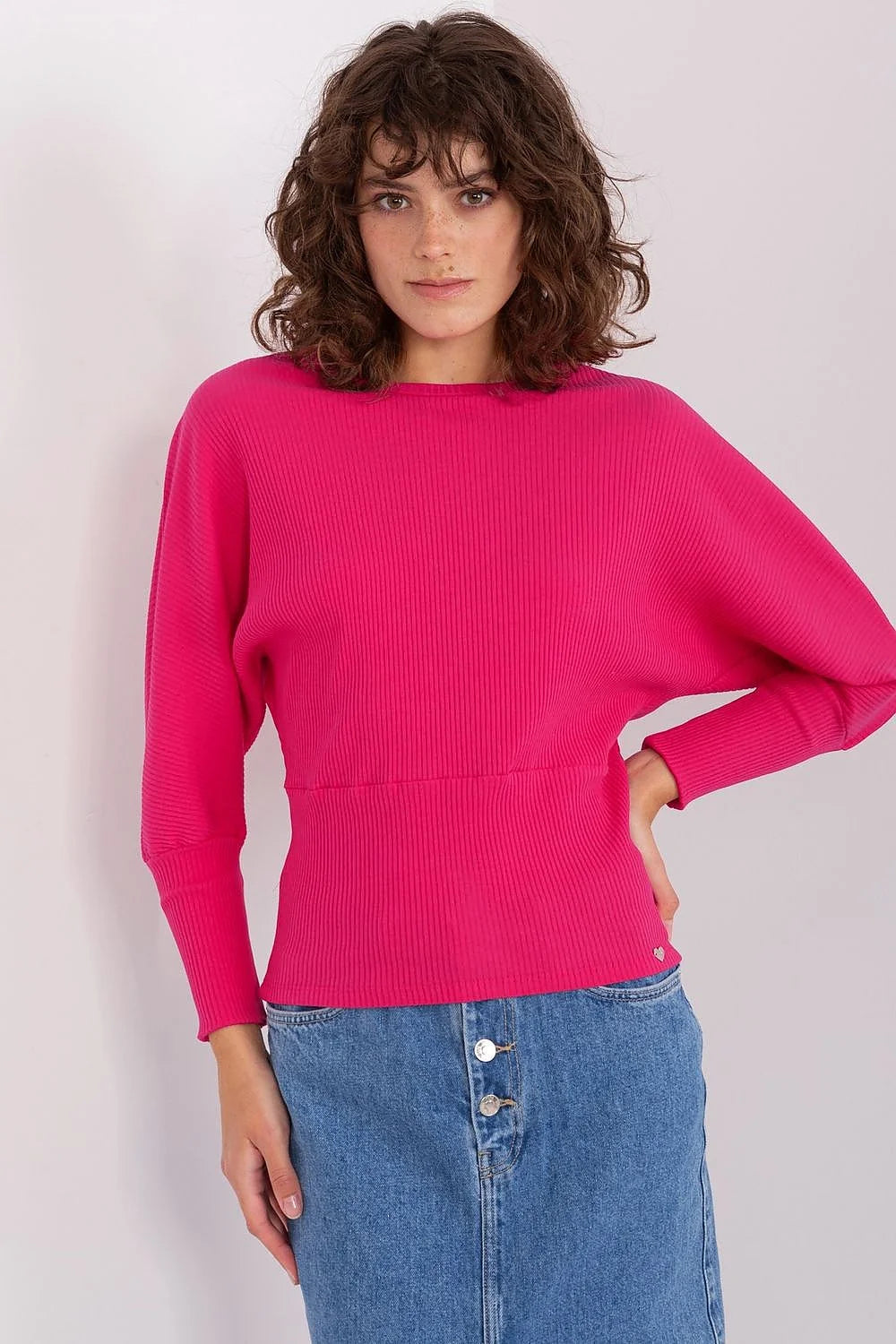 top coton côtelé fuchsia manches longues chauve souris ajusté taille cintrée ample buste col rond maille fine poignets ajustés chic