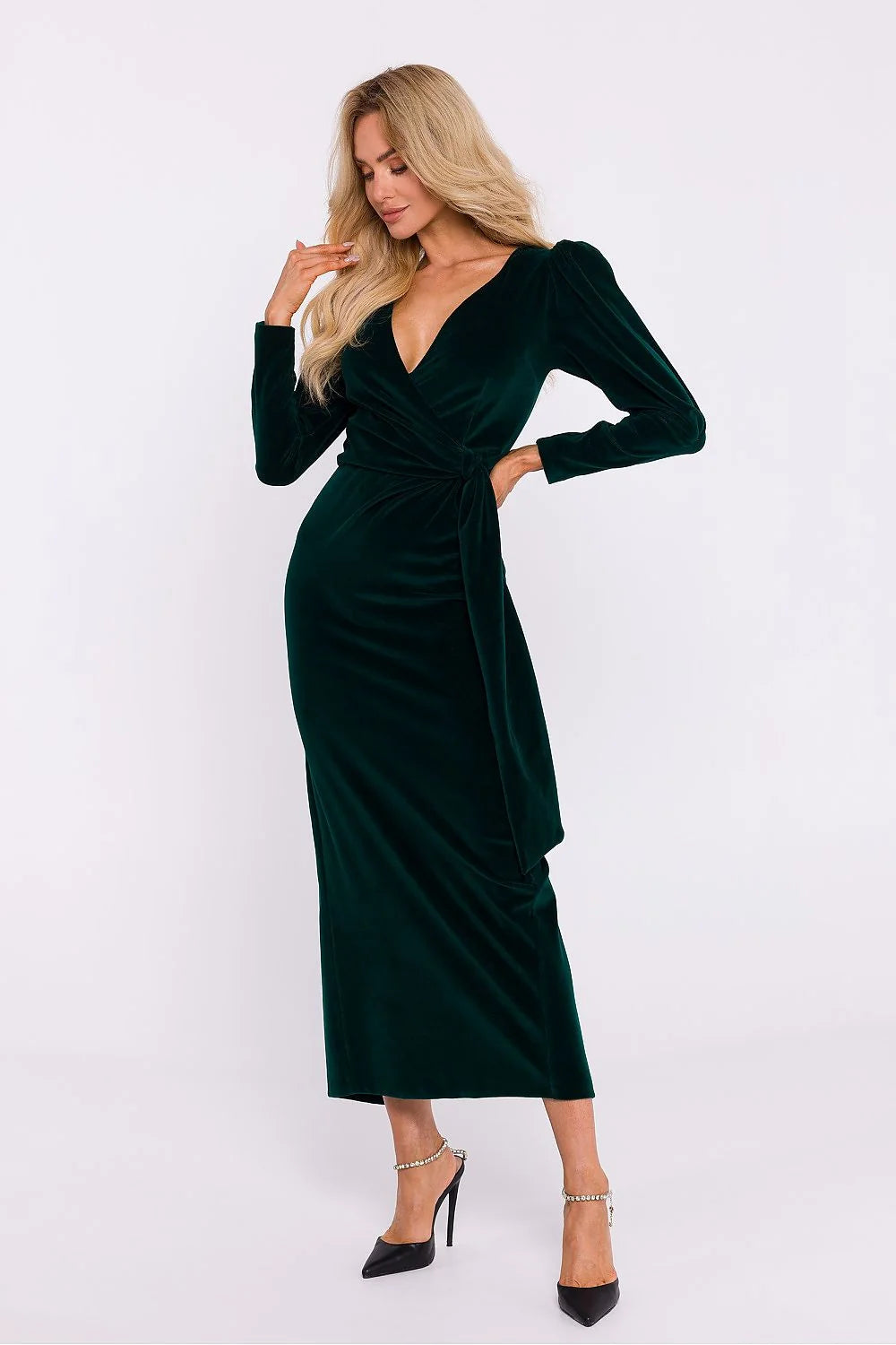 Robe longue en velours maille couleur vert émeraude style classique pour occasions formelles femme manches longues décolleté V ceinture intégrée