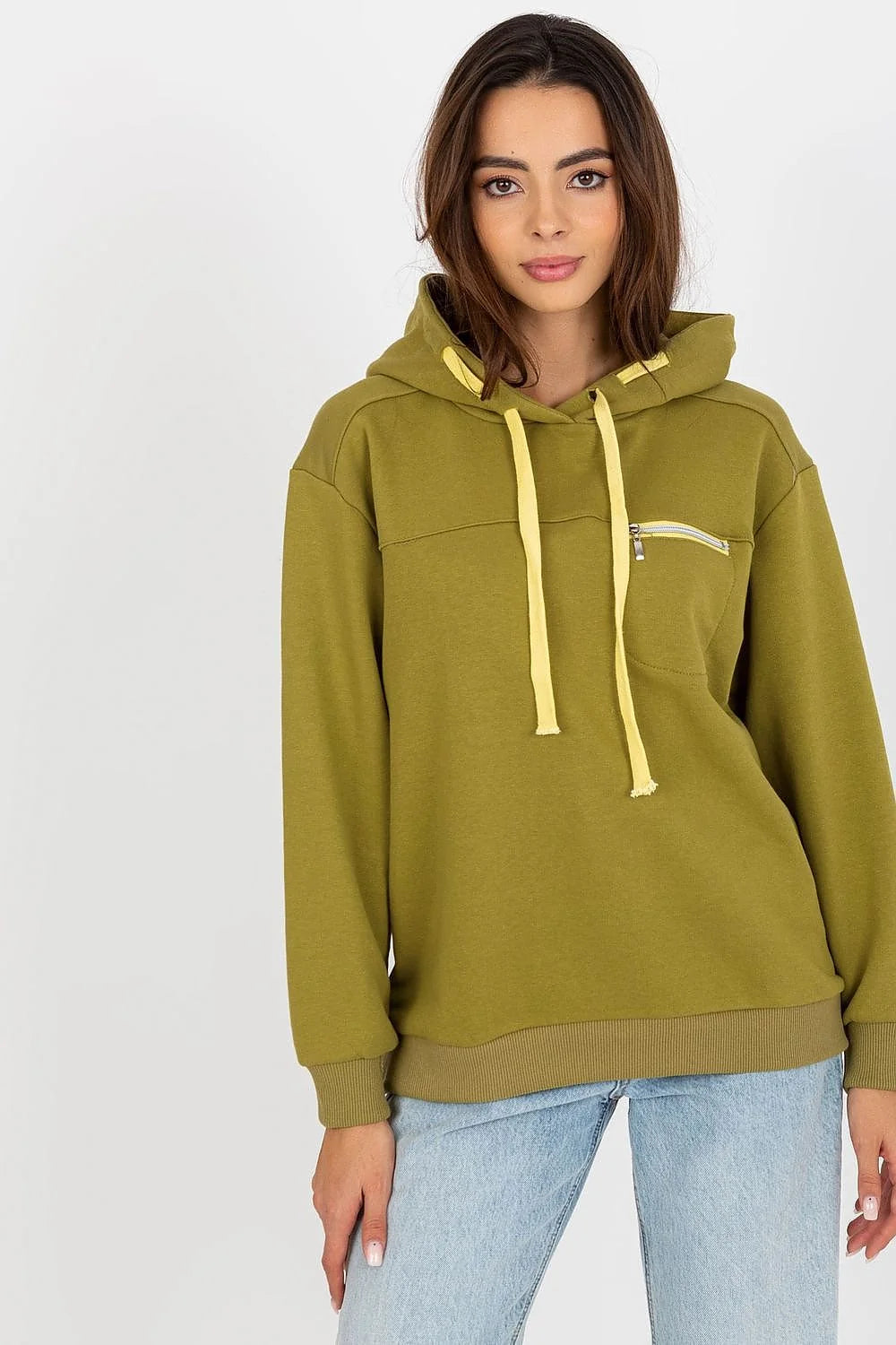 Sweatshirt Fancy pour femme, sweat à capuche moderne, style décontracté, couleur kaki et jaune clair, manches longues côtelées, poche zippée métal, coton polyester, coupe ample universelle