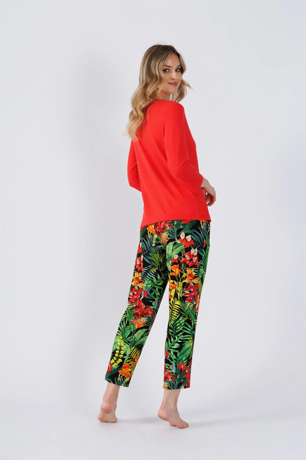 Pyjama femme manches longues coupe droite imprimé tropical tissu doux style décontracté confort liberté mouvement