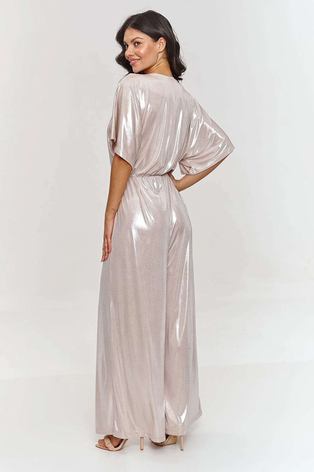 Robe longue élégante Makadamia en tissu métallique champagne manches courtes encolure V taille ajustable soirée cocktail mariage femme