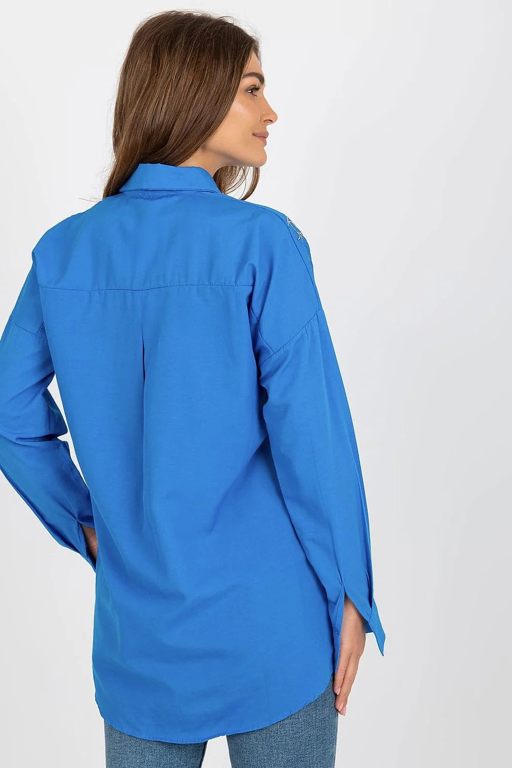 chemise femme manches longues ample bleu profond broderies branches perles strass col classique boutonnée fluide décontractée