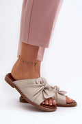 sandales femme mule plate bout ouvert beige champagne cuir synthétique grainé noeud décoratif large bride semelle intérieure coussinée
