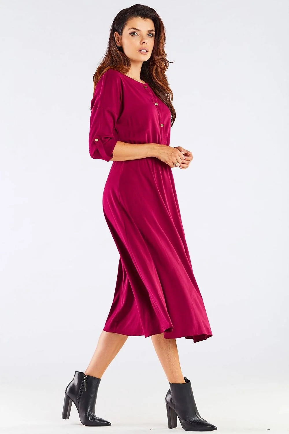 Robe de jour élégante awama pour femme, robe midi manches kimono longues, couleur bordeaux, taille ajustable, matériau léger, pour travail et sortie