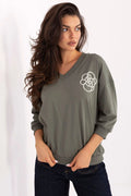 chemisier femme kaki olive col V décontracté oversize coton élasthanne jersey doux manches troisquarts broderie florale poitrine ajusté