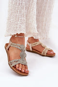 Sandales plates pour femmes tissu tressé motifs floraux beige semelle synthétique cuir suédé écologique confort tout le jour style estival