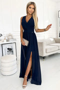 Robe longue élégante sans manches encolure V croisée fente latérale bleu marine Polyester 95% Elasthanne 5% femme