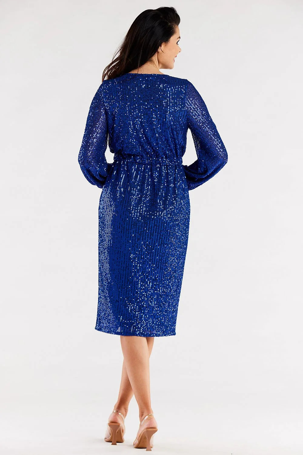 robe soirée longue manches longues décolleté V croisé sequins rouge portefeuille taille ajustable paillettes fente frontale bouffantes doublure élasthanne polyester