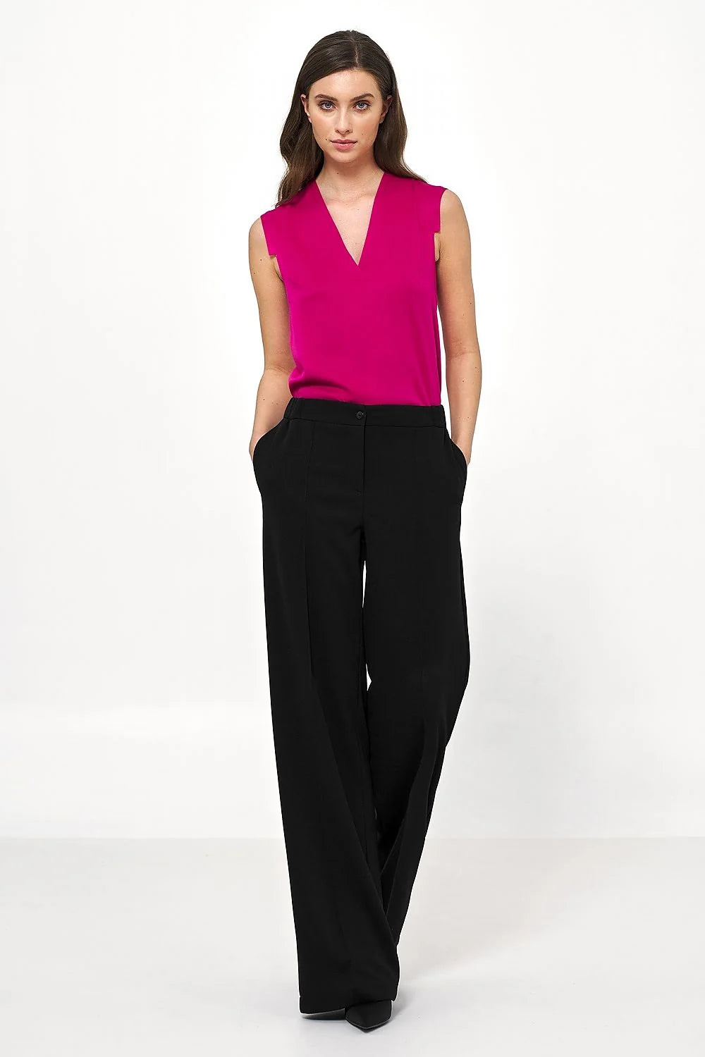 Pantalon femme beige ample coupe haute taille ajustable élasthanne polyester manches longues style élégant