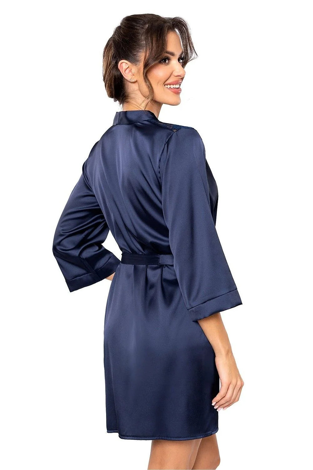 Peignoir femme élégant court manches mi-longues dentelle épaules satin soie bleu nuit loungewear détente