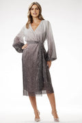 Robe de soirée élégante longue manches longues V croisé effet ombré tissu scintillant taille ajustable femme