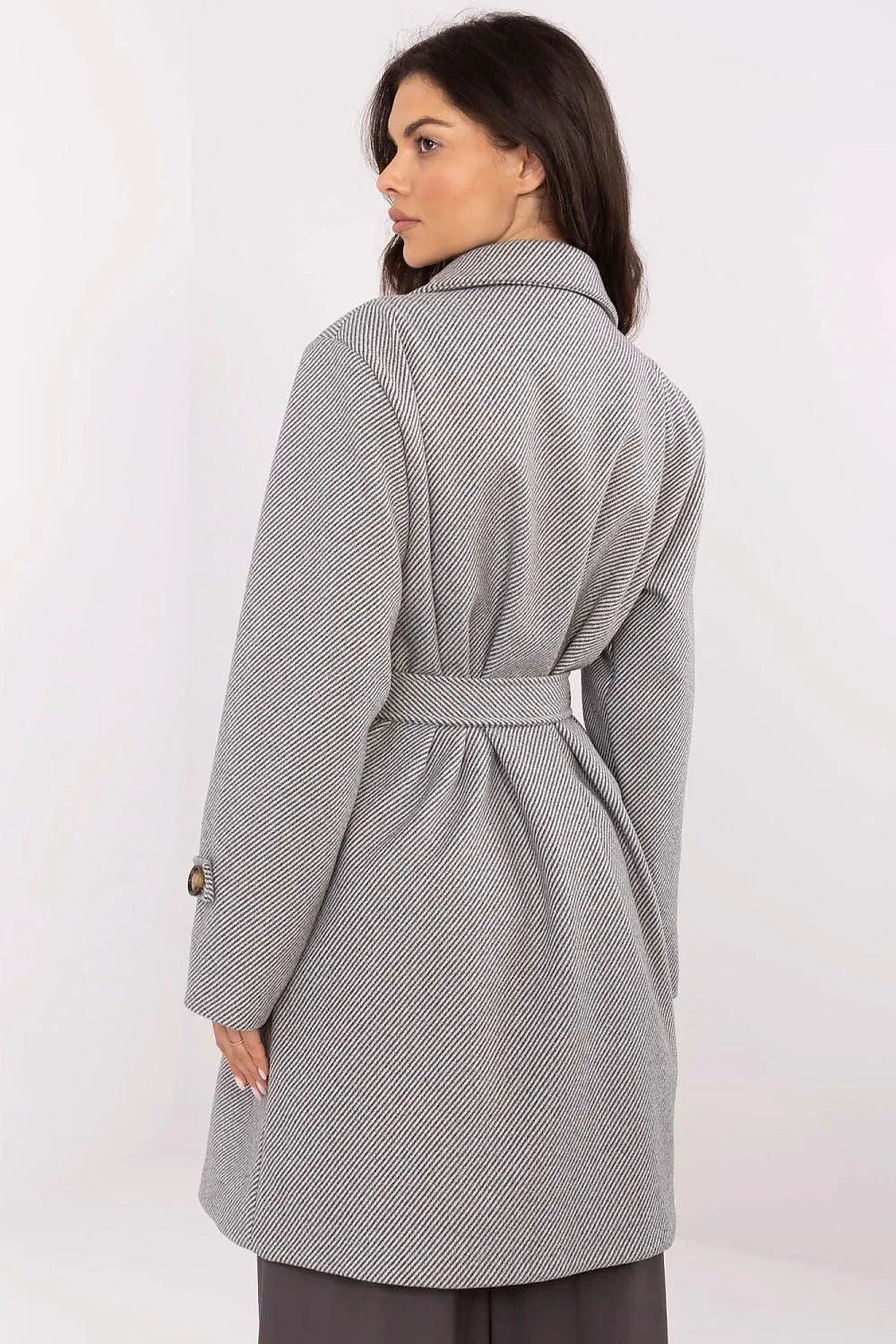 Manteau élégant pour femme rayures fines épaulettes col cranté ceinture polyester haute qualité automne hiver printemps